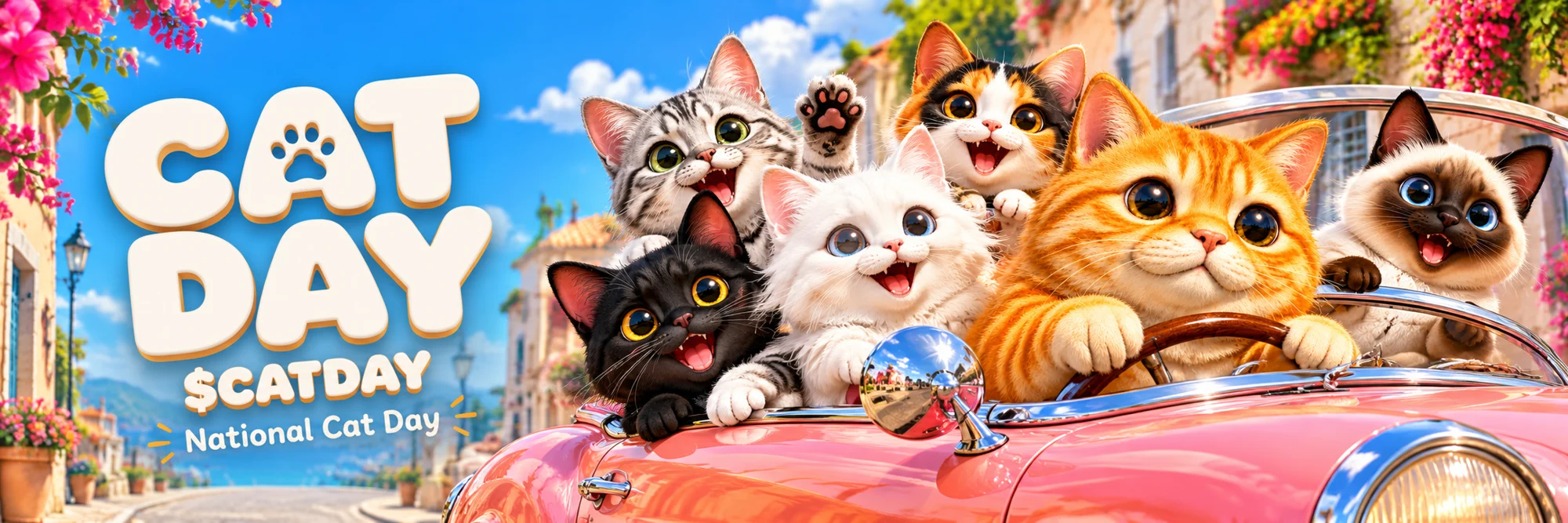 Six happy cats riding a pink convertible through a sunny seaside street