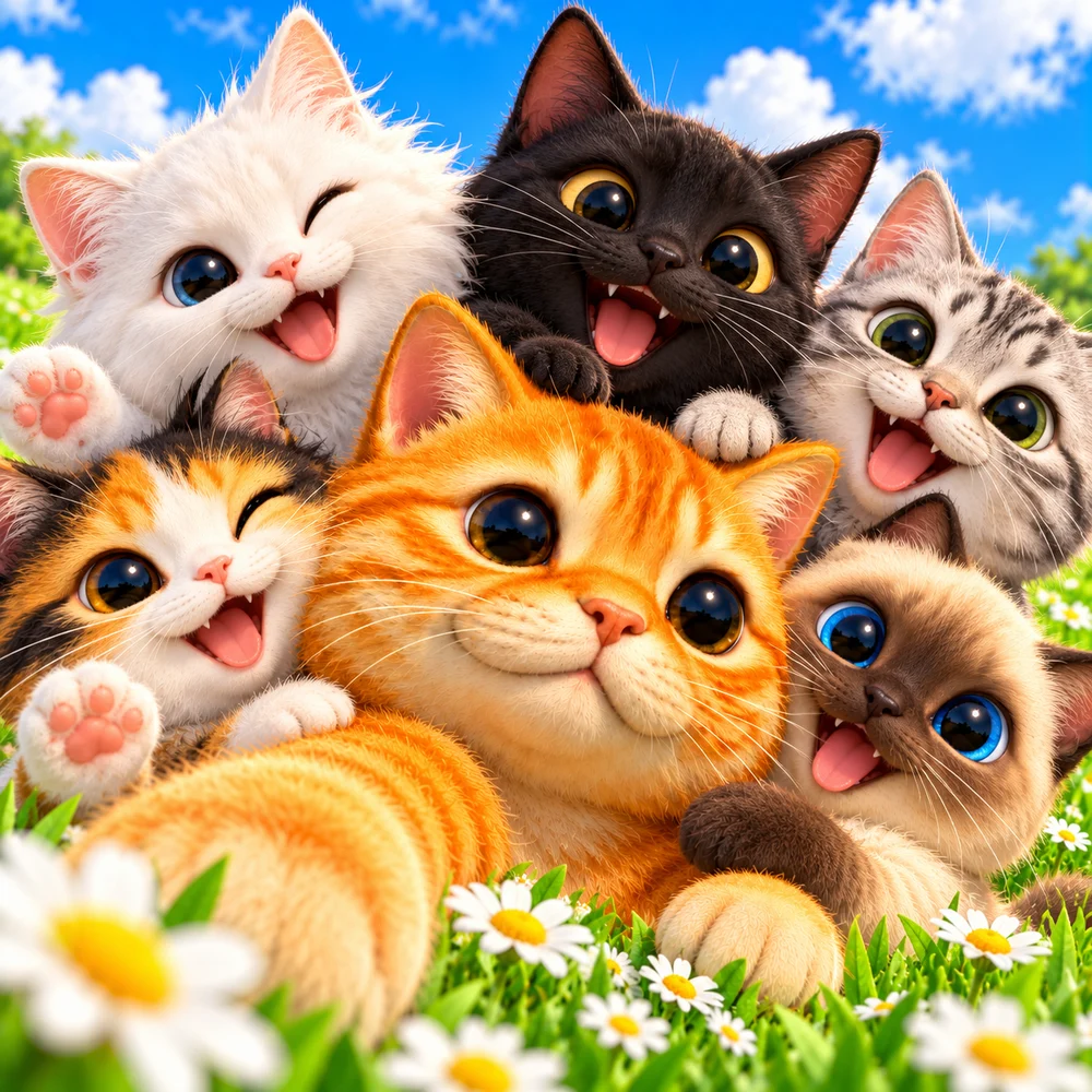 Six cats taking a group selfie in a field of daisies
